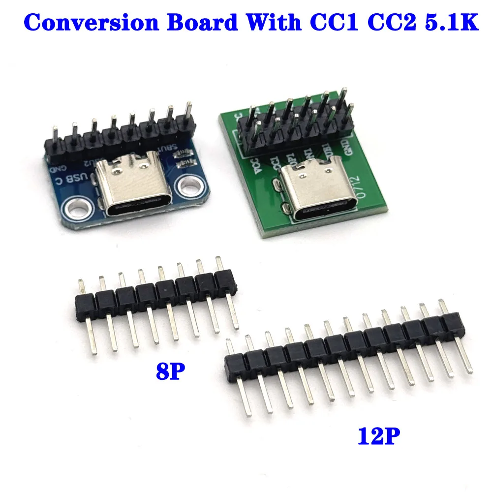 

8Pin 12Pin 1.5A USB TYPE-C Connector Conversion Board 2.54MM CC1 CC2 5.1K Pull-Down Resistor 5V Connection With Needle