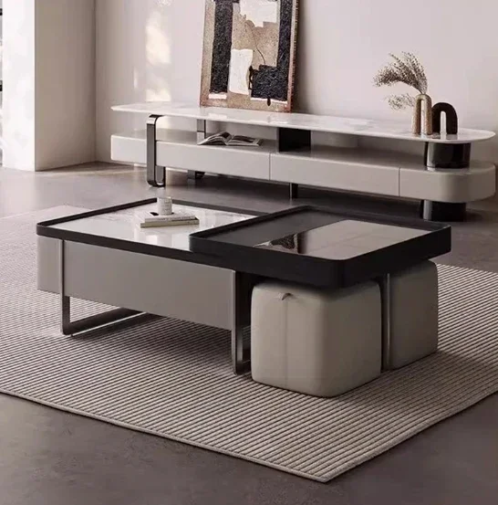 The product can be customized. Rock slab telescopic coffee table retro small apartment with stool