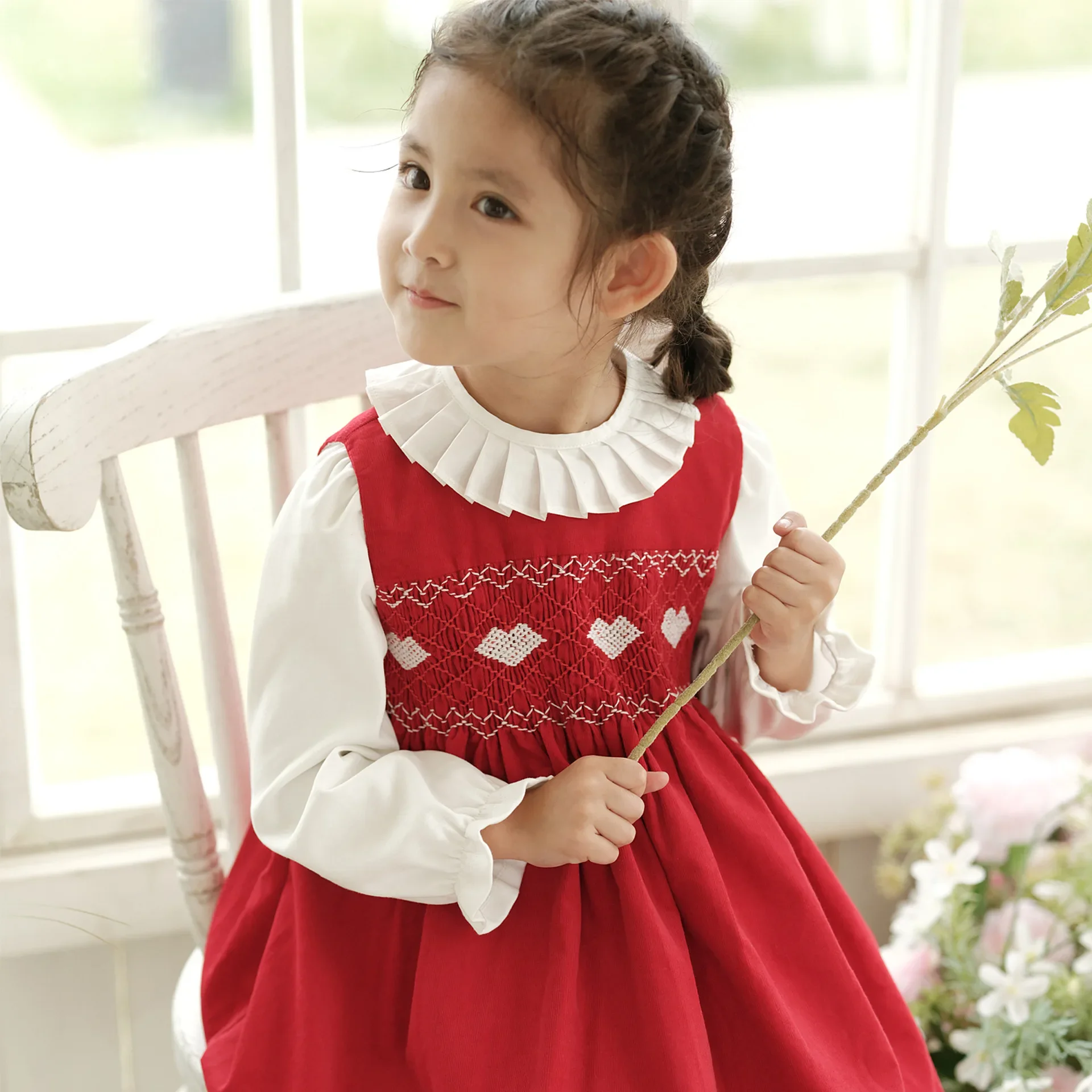 Icjaehao Girls Dress Baby Vest Skirt Dresses Smocking Long Sleeve Sweet Wrap Princess Children's Clothing Smocked Newborns Red