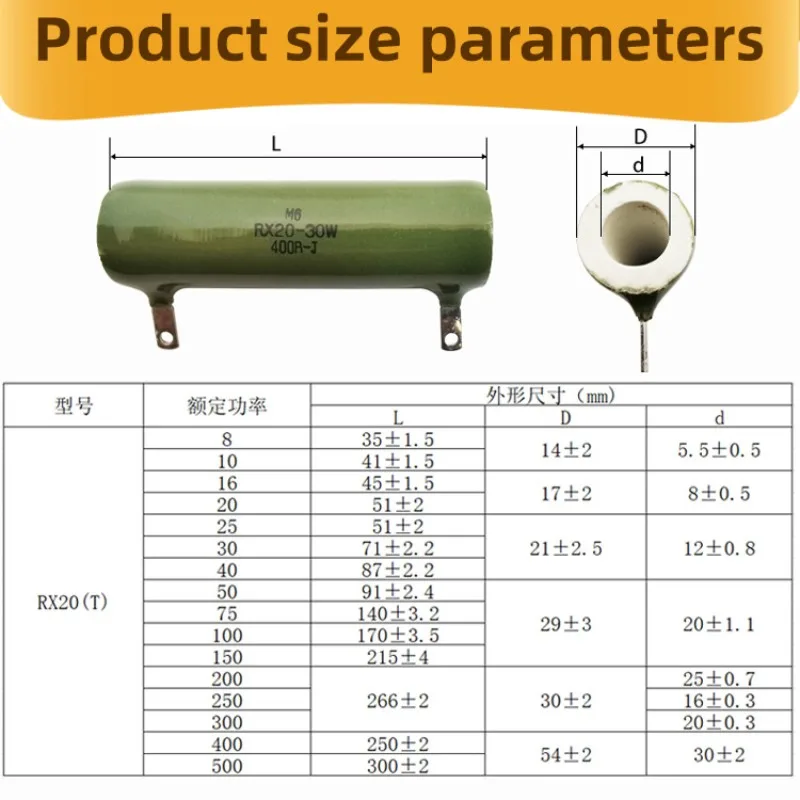 1 szt. Opornik drutowy RX20 o dużej mocy z emaliowaną rurką szklistą zgową 11 200W 150R 200R 300R 500R 1K 5K 10K 15K 20K 30K 50K