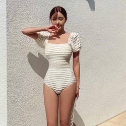 One Piece Swimsuit Korean Fairy Style White Swim Suits for Women Solid Split Bathing Suit Thong Monokini Beachwear 2024 New
