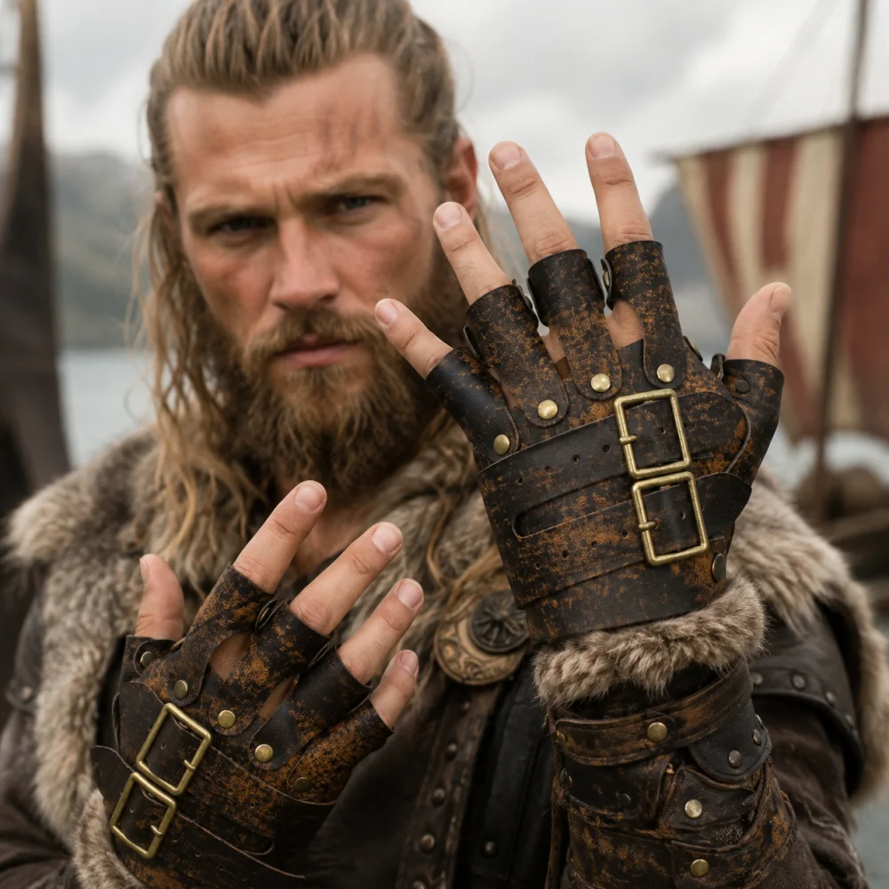 1 Pair Medieval Fingerless Gloves for Men, Vintage PU Leather Viking Warrior Gloves with Double Buckles, Renaissance LARP Pirate