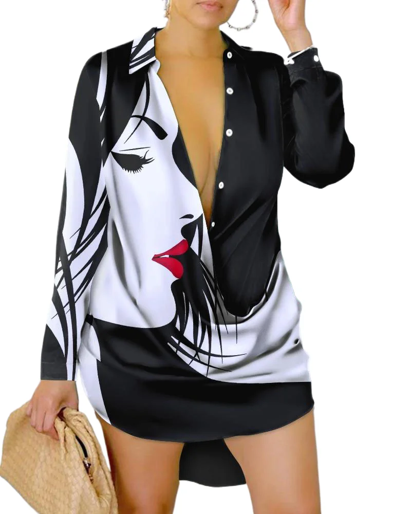 

Spring Summer Sexy Deep V Neck Shirt Dress Office Lady Casual Loose Long Sleeve Letter Print Mini Dresses For Women 2023