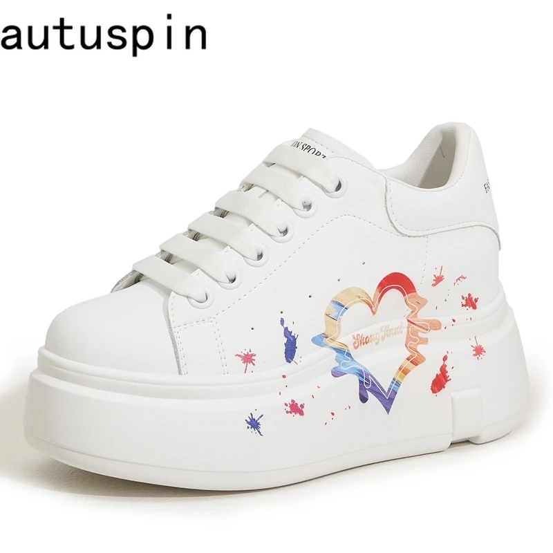 AUTUSPIN White Skateboard Shoes for Women 2025 Fashion Thick Soled Ladies Casual Leather Shoes Outdoor Tide Vulcanized Sneakers