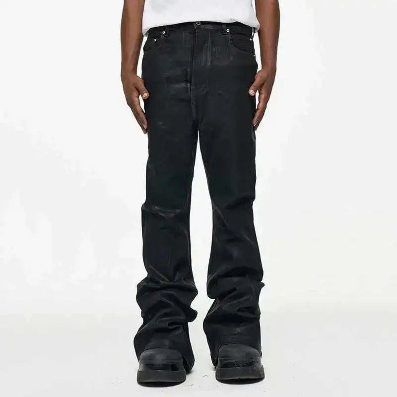 PFNW High Street Coated Brushed Micro Flare Drag Black Jeans Men's Tide Loose Micro Stretch Waxed Trousers Niche Design 28W5688
