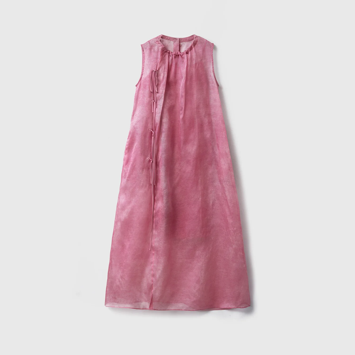 Women 100% Silk Organza Jacquard Sleeveless Long Dress Ruffle Collar Side Tie Vintage Elegant Summer Chinese Style Maxi Dress