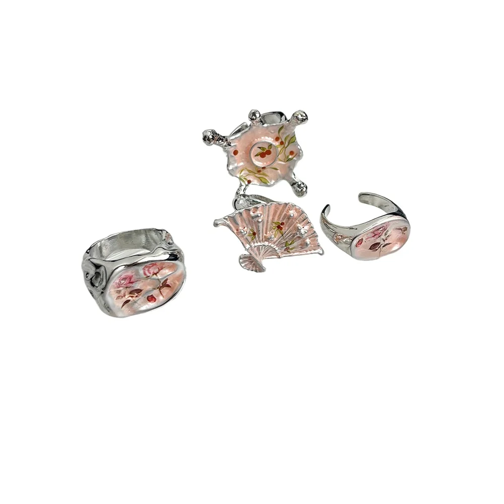 

Pink rose print enamel oil drop ring, adjustable fan index finger ring with opening