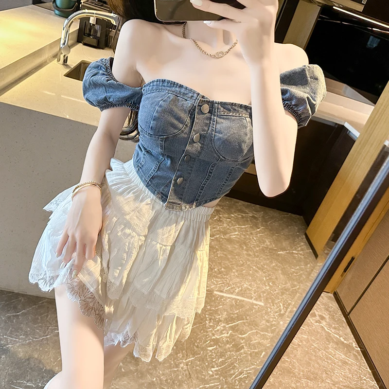 Sexy Off Shoulder Short Sleeve T-shirt Denim Shirt 2024 New Women Summer Short Blouse French Vintage Slim Versatile Top