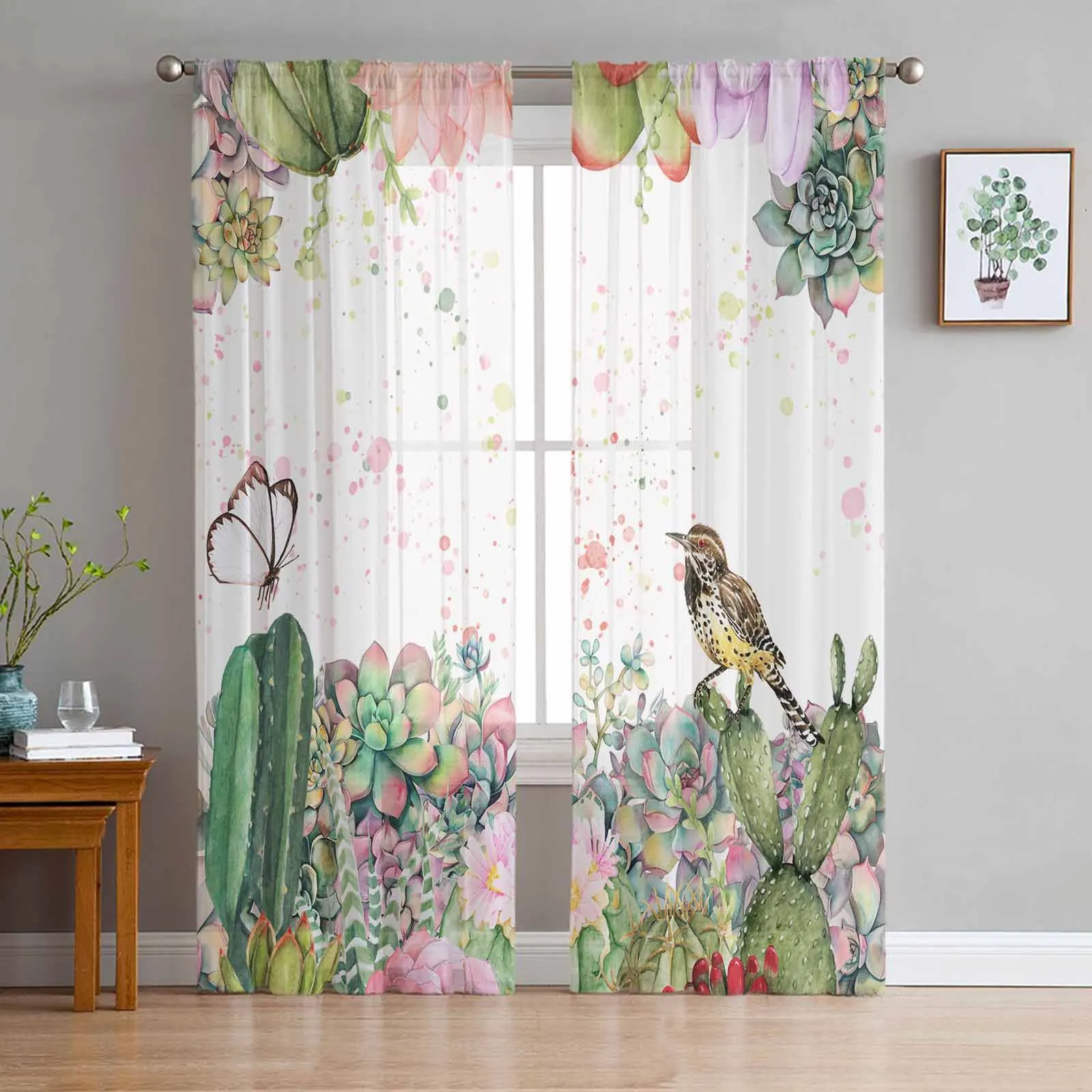 Tropical Plant Succulent Cactus Bird Butterfly Voile Sheer Curtains Living Room Window Tulle Curtain Bedroom Drapes Home Decor