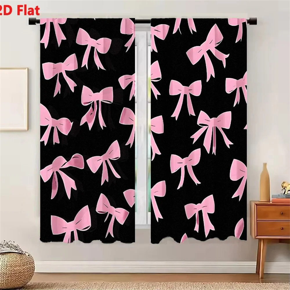 2Pcs Curtains Pink Bows Repeating Pattern On Black Background For Fashion Stationery And Digital Design Window Drapes for Bedroo