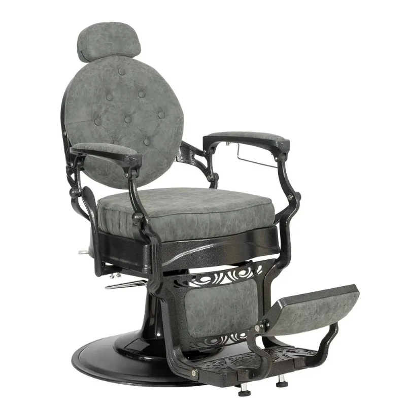 

Sturdy Vintage Reclining Barber Chair with Hydraulic Lift, Holds 700lbs, 360°Swivel Grey Button-Style