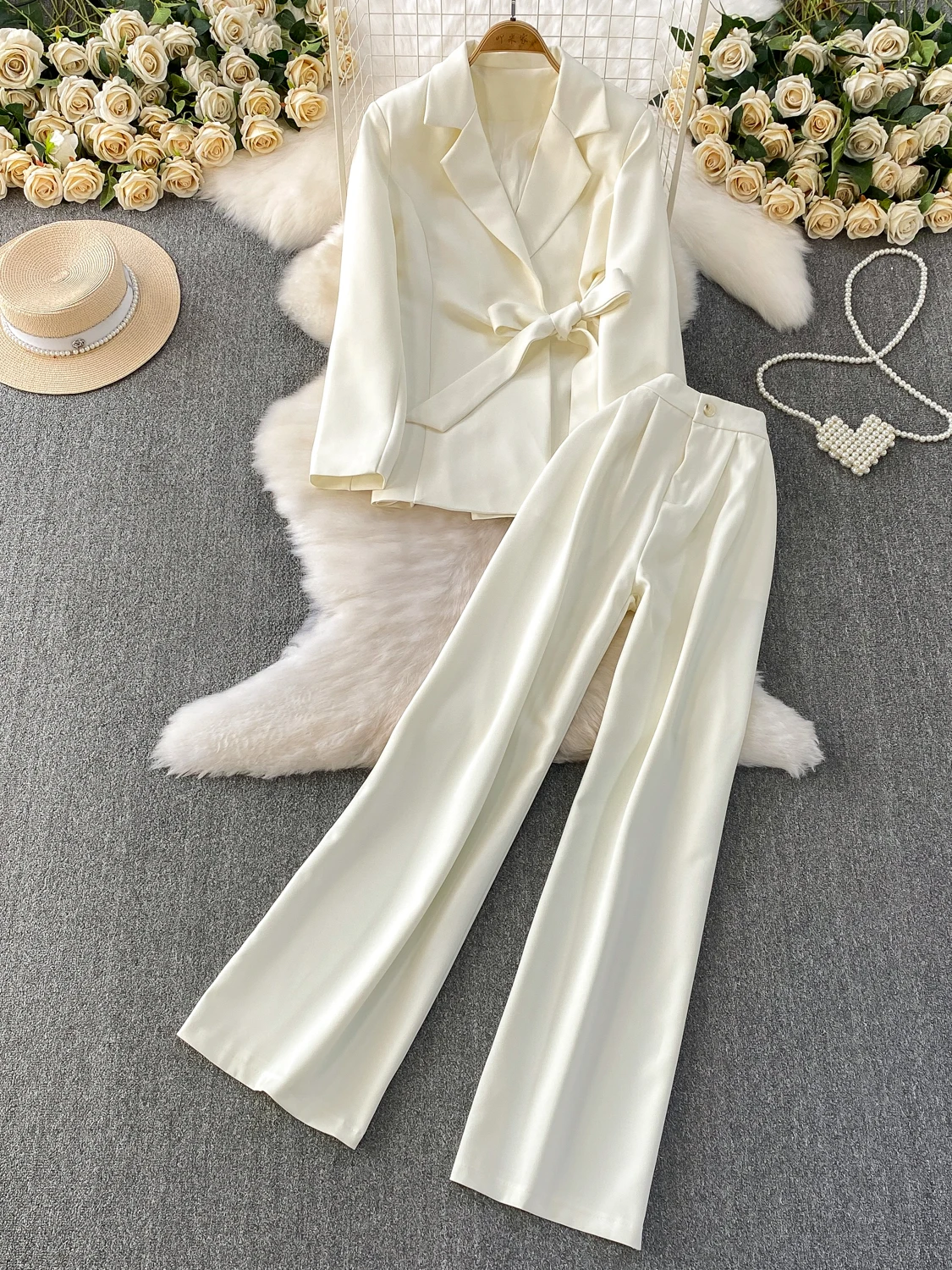 Ele Busin Women's Suit Two-Piece Set High Waist Wide Leg Pants Belted Waist Slimming Effect Profional Commute Sle