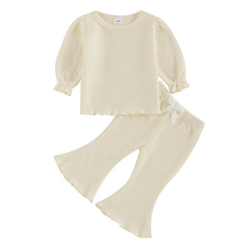 

Одежда для маленьких девочек, однотонная вафельная рубашка с длинными рукавами и эластичные брюки-клеш, комплект милой одежды из двух предметов