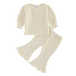 Toddler Girls Outfits Solid Color Waffle Long Sleeve Shirt and Elastic Flare Pants Set Cute 2 Piece Clothes