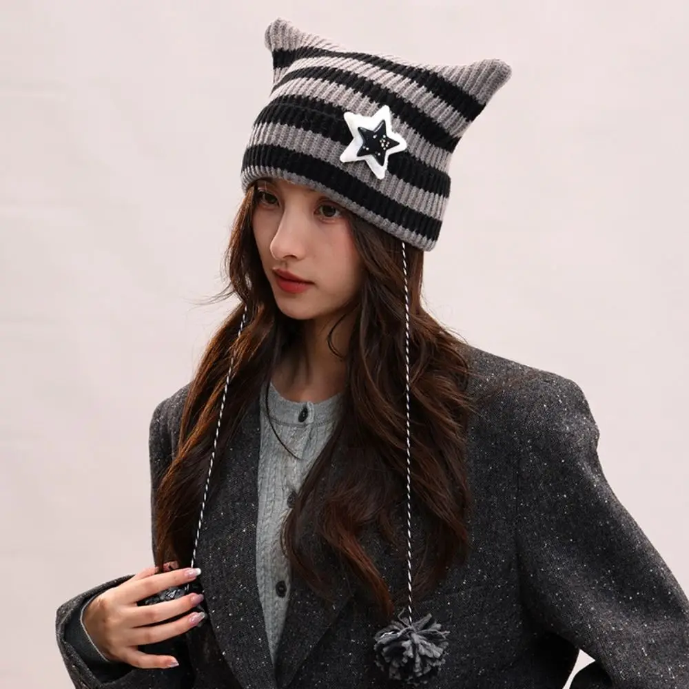 أزياء المتناثرة آذان القط محبوك قبعة Y2K ستار قبعة صوفية الكورية نمط شريط قبعة دافئة الخريف
