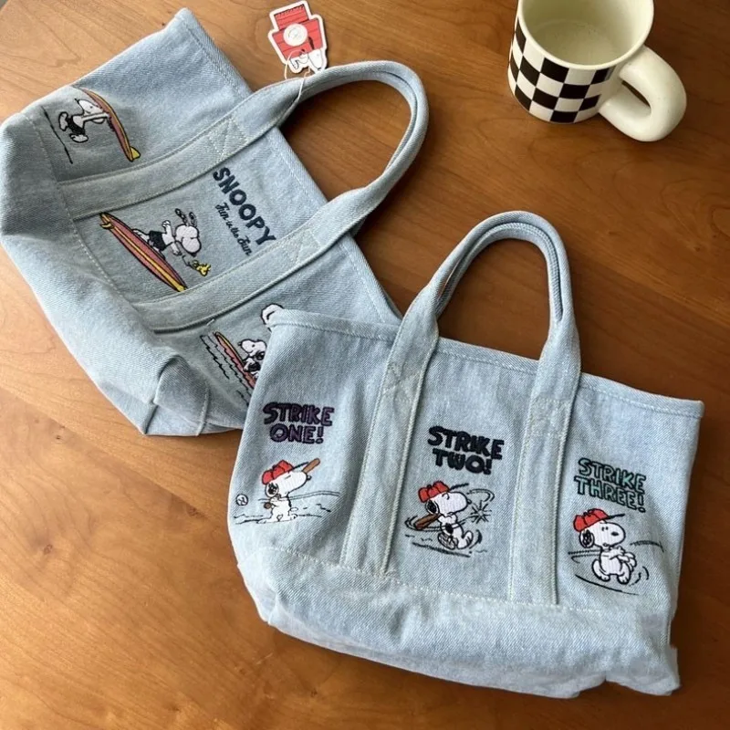 Embroidered Handbag Vintage Denim Cartoon Baseball Surfing Print Large Capacity Student Handbag Daily Shopping Shoulder Bag