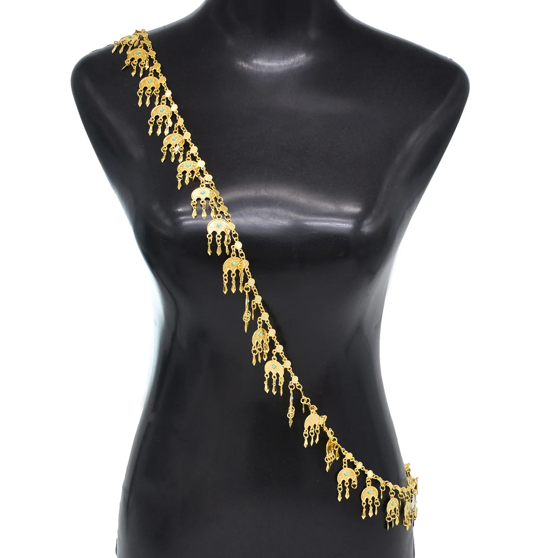 125cm Long Chain Moon Pendant Tassel Shoulder Body Chain Golden Turkish Ethnic Traditional Clothing India Kurdish Bride Jewelry