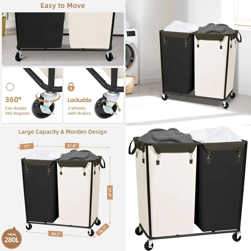 

Industrial-Strength Steel Laundry Hamper, 74 Gallon Capacity, Dual-Section Sorter with Wheels for Home and Hotel Use