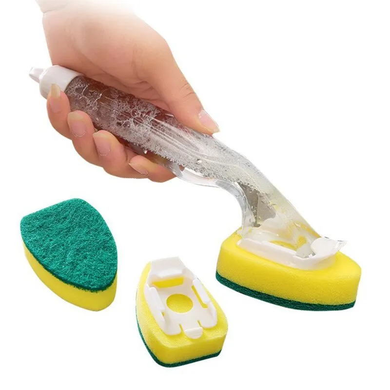 1Pcs Replaceable Cleaning Brush with Refill Liquid Handle Scouring Pad Sponge Brush Dispenser Dish Scrubber Home Washing Tool