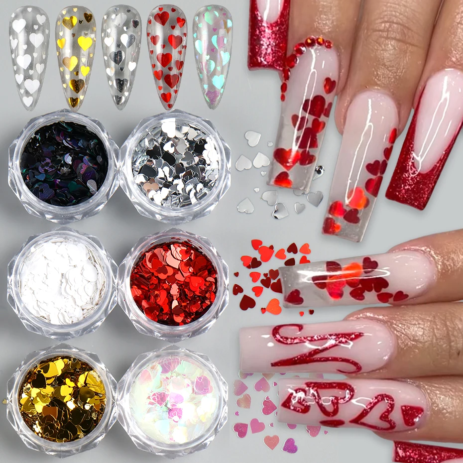 6 pièces amour coeur ongles paillettes flocons paillettes rouge or argent noir blanc holographique coeur saint valentin Nail Art décoration manucure