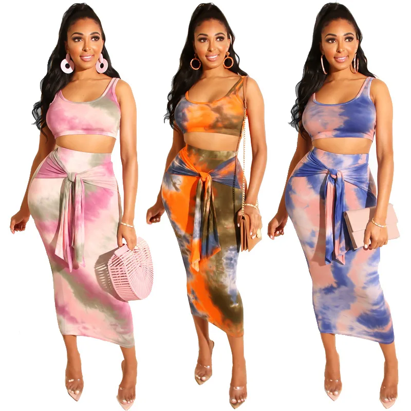 

Women's Tie-Dye Two-Piece Vest Suit Tight Bag Hips Navel Sexy Tie-Dye Print Decorative Straps Fashion Commuter Skirt Set