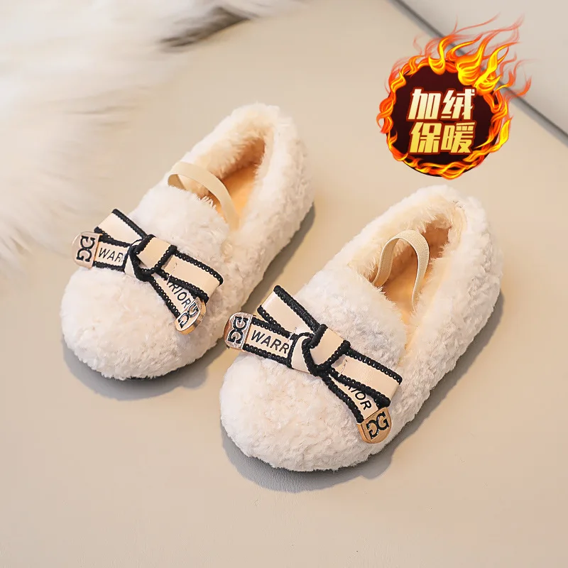 حذاء بدون كعب دافئ بمقدمة مستديرة للأطفال ، حذاء مسطح من الصوفي الترفيهي للأطفال ، 3 ألوان ، حذاء عصري للفتيات ، ربطة عنق ، شتوي