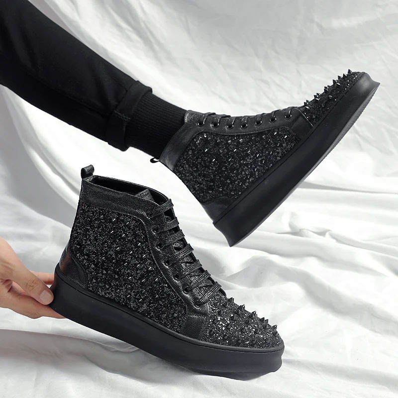 

brand designer men boots luxury fashion rivets shoes stage nightclub dresses personality platform ankle boot short botas hombre