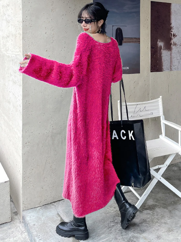 [EAM] Rose Red Big Size Long  Knitting Sweater V-Neck Long Sleeve Women Pullovers New Fashion Tide Spring Autumn 2024 1DH7539