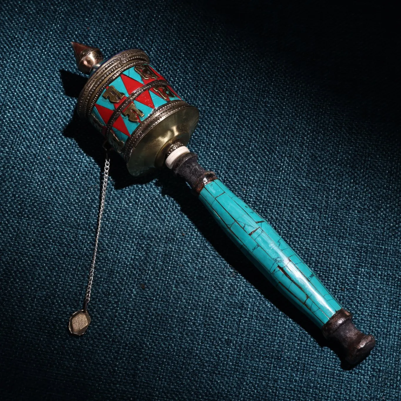 Elaborate Nepalese pure copper hand-built gemstone prayer wheel （It has Tibetan scriptures in it)