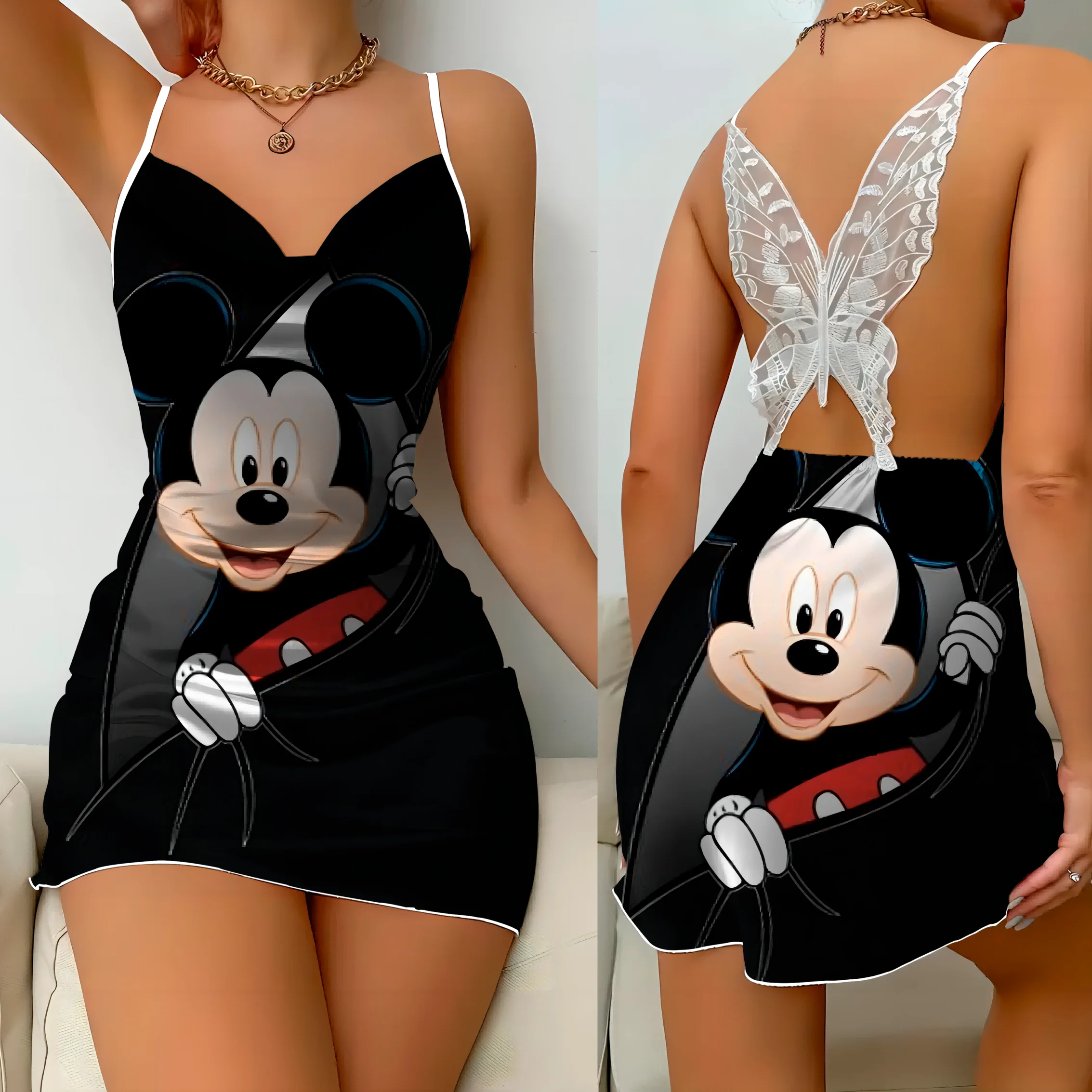 Gonna del pigiama abito senza schienale fiocco nodo abiti Sexy Disney Mickey superficie in raso Minnie Mouse moda donna estate 2024 Party Mini