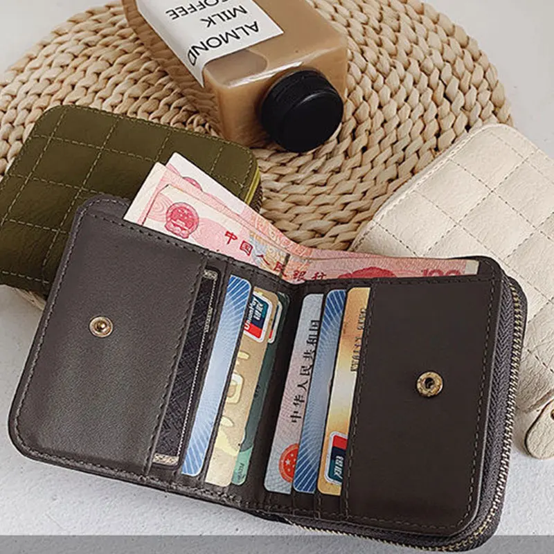 Women Fashion Small Zipper Wallet with Coin Purse PU Leather Plaid Purses Ladies Cute Mini Korean Version Small Card Pack New In