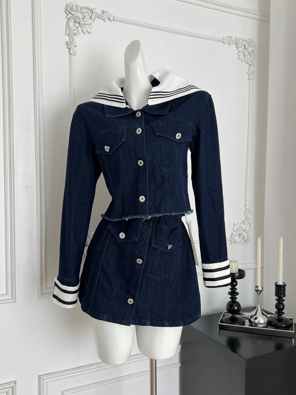 

Темно-синий джинсовый джинсовый тюнер с воротником-стойкой и юбка с высокой талией, повседневный осенний наряд, комплект из двух предметов для женщин