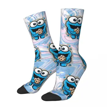 Gekke Compressie Blauwe Schattige Sok Voor Mannen Harajuku Koekje Monsters Gezicht Naadloze Patroon Crew Sok Casual