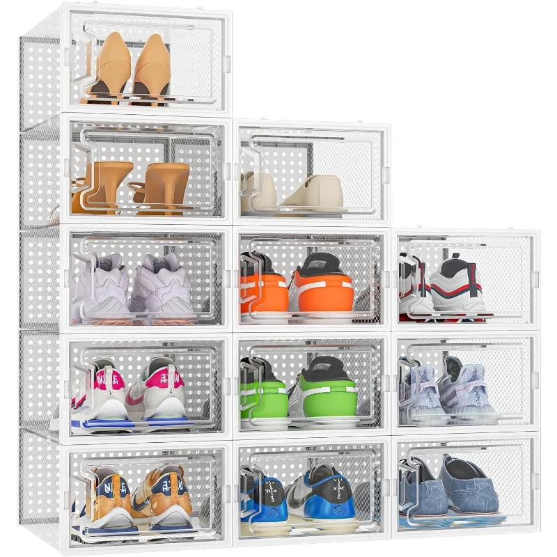 

12 Pack Shoe Storage Box, Shoe Organizer for Closet, Clear Plastic Stackable Box, Foldable Shoe Rack Organizer