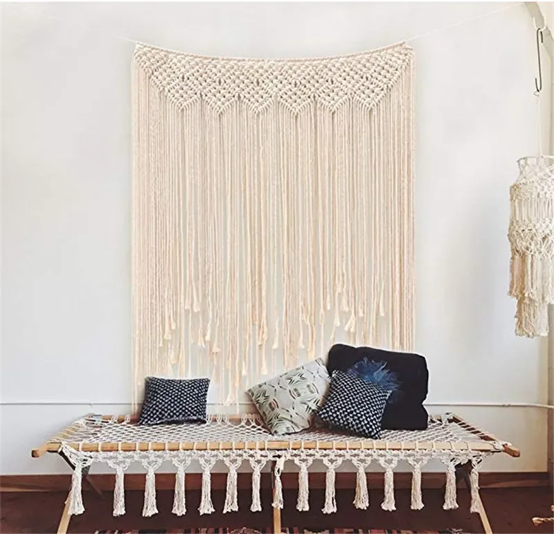 Tapiz bohemio hecho a mano, cortina rústica de macramé para boda, telón colgante de pared artesanal, telón de fondo de algodón Vintage para fiesta,
