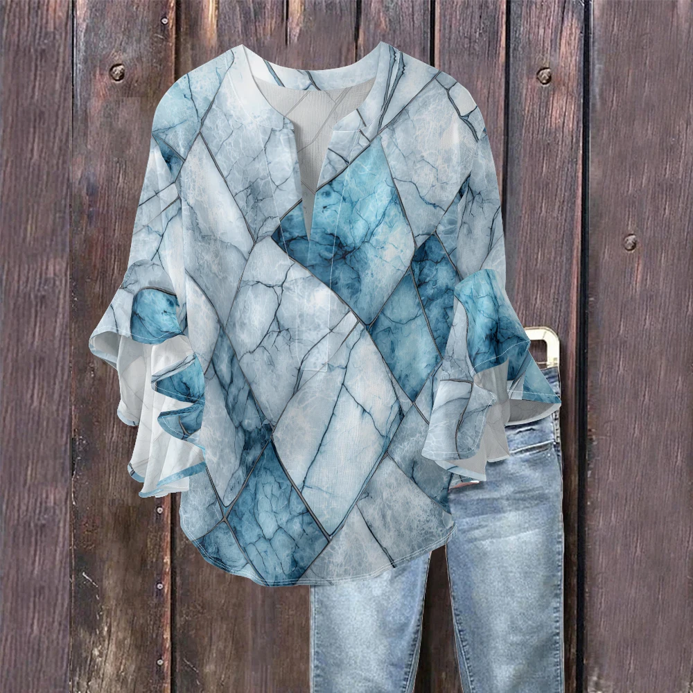 

Топ с v-образным вырезом и цветочным принтом, с рюшами на рукавах-колокольчиках, женская модная блузка из мятой ткани, рубашки для романтической повседневной одежды в стиле бохо