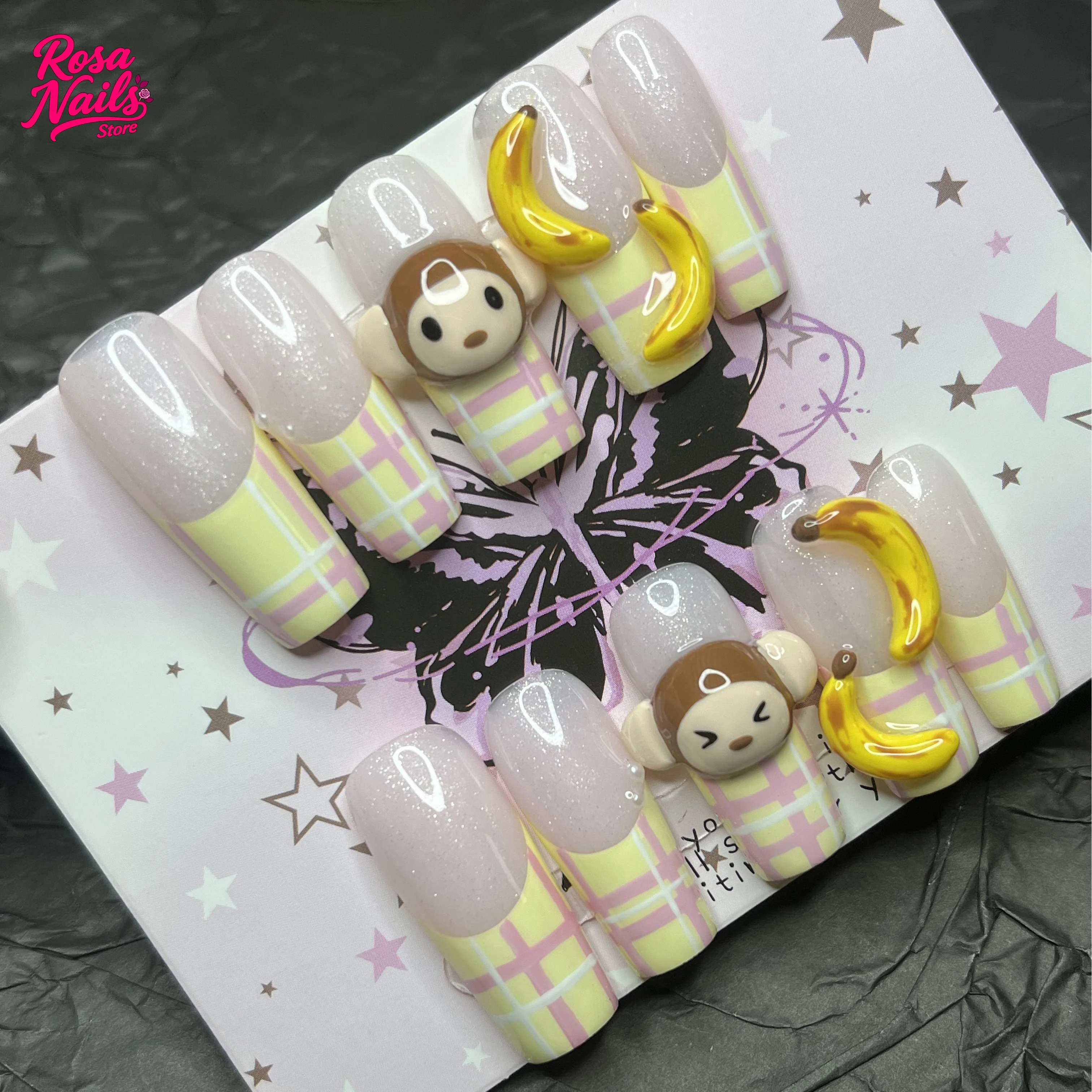 

10pcs Handmade Press on Nails 3D Monkey Long Square French Tips Nail Set Pink 3D Banana Summer Presson Acrylic Nail Monkey Nails