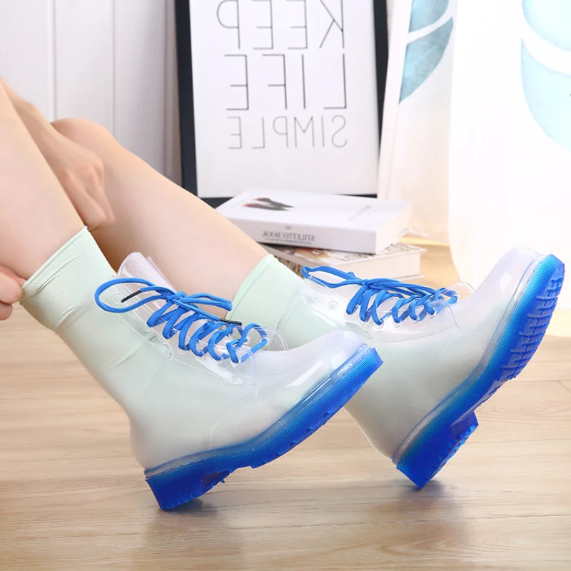 Women Rain Shoes Platform Rain Boots Jelly Color Ankle Boots Ladies New Waterproof Work Footwear 2023 Transparent Slip on Shoes