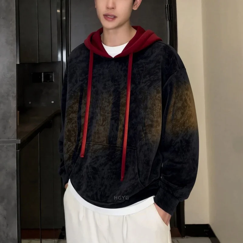 Mens Streetwear Abstract Pattern Hoodie Contrast Red Drawstring Pullover Long Sleeve Loose Fit Sweatshirt for Autumn Winter