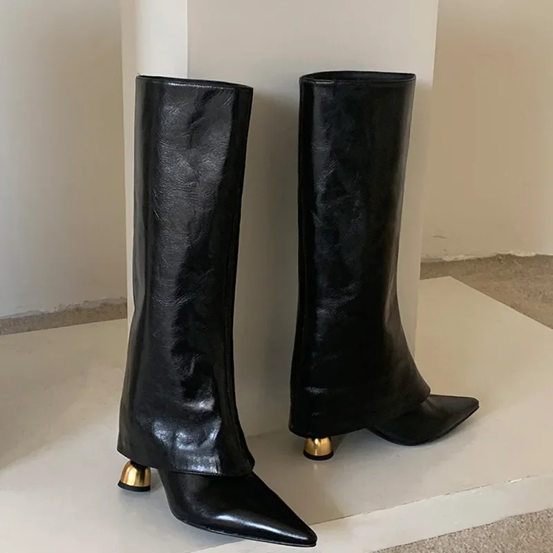 Copas de vino de diseñador para mujer, botas de caballero a la moda, botines largos sin cordones, botas de invierno femeninas