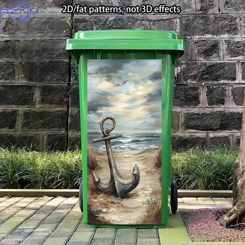 Anchor on Beach Trash Can Stickers Painting, Coastal Decor Self-Adhesive Stickers, Seascape View Self-Adhesive Art Stickers, V