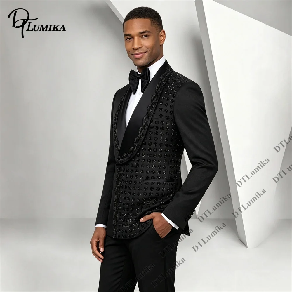 2026 Asymmetric Rhinestone Tuxedo 2 Piece Men Suit Shawl Lapel Floral Embellished Formal Outfit For Wedding Groom Prom Banquet