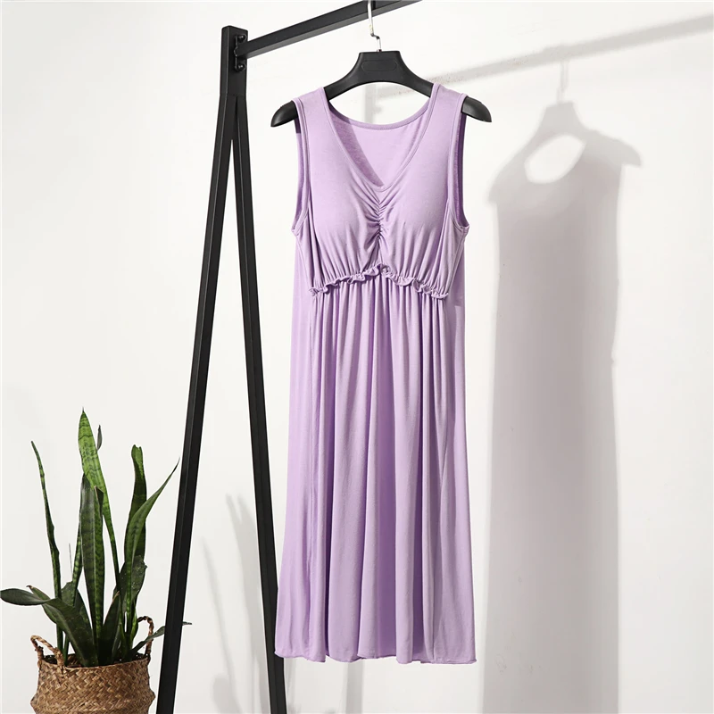 Summer Modal Sleeveless Long Dress Women Nightdress Oversize Elasticity Casual Loose V-neck Camisole Bottoming Dress with Bra