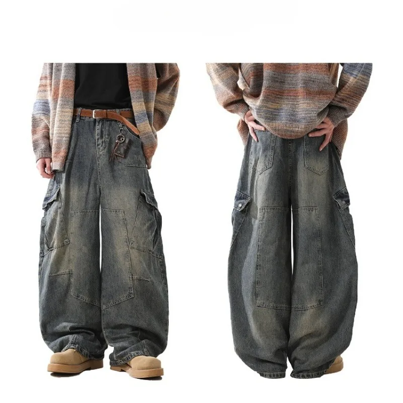 Unisex Loose Wide Leg Multi Pocket Cargo Jeans Vintage Washed Denim Work Pants Casual Denim Trousers