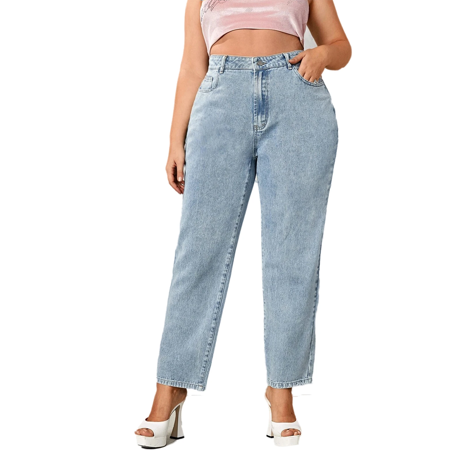 

Women's High Waist Straight Light Blue Denim Jeans Pants Plus Size High Stretchy Full Light Washed-for Mom & Summer
