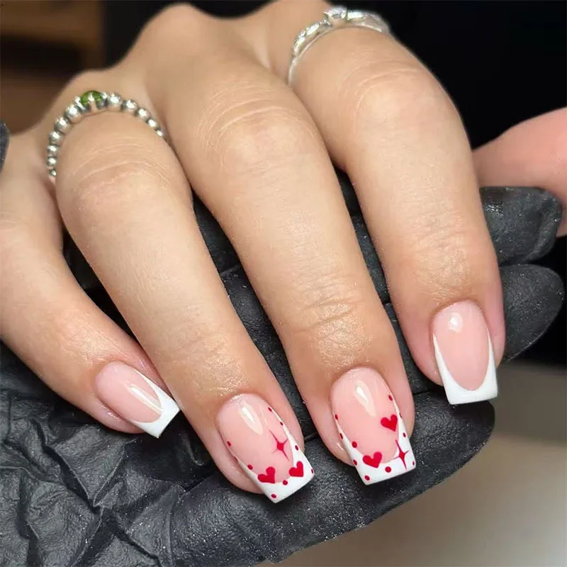 

White French Fake Nails Nude Color Short Square Press On Nail Red Love Heart/Star/Dot Printed Women Valentine's Day DIY Manicure