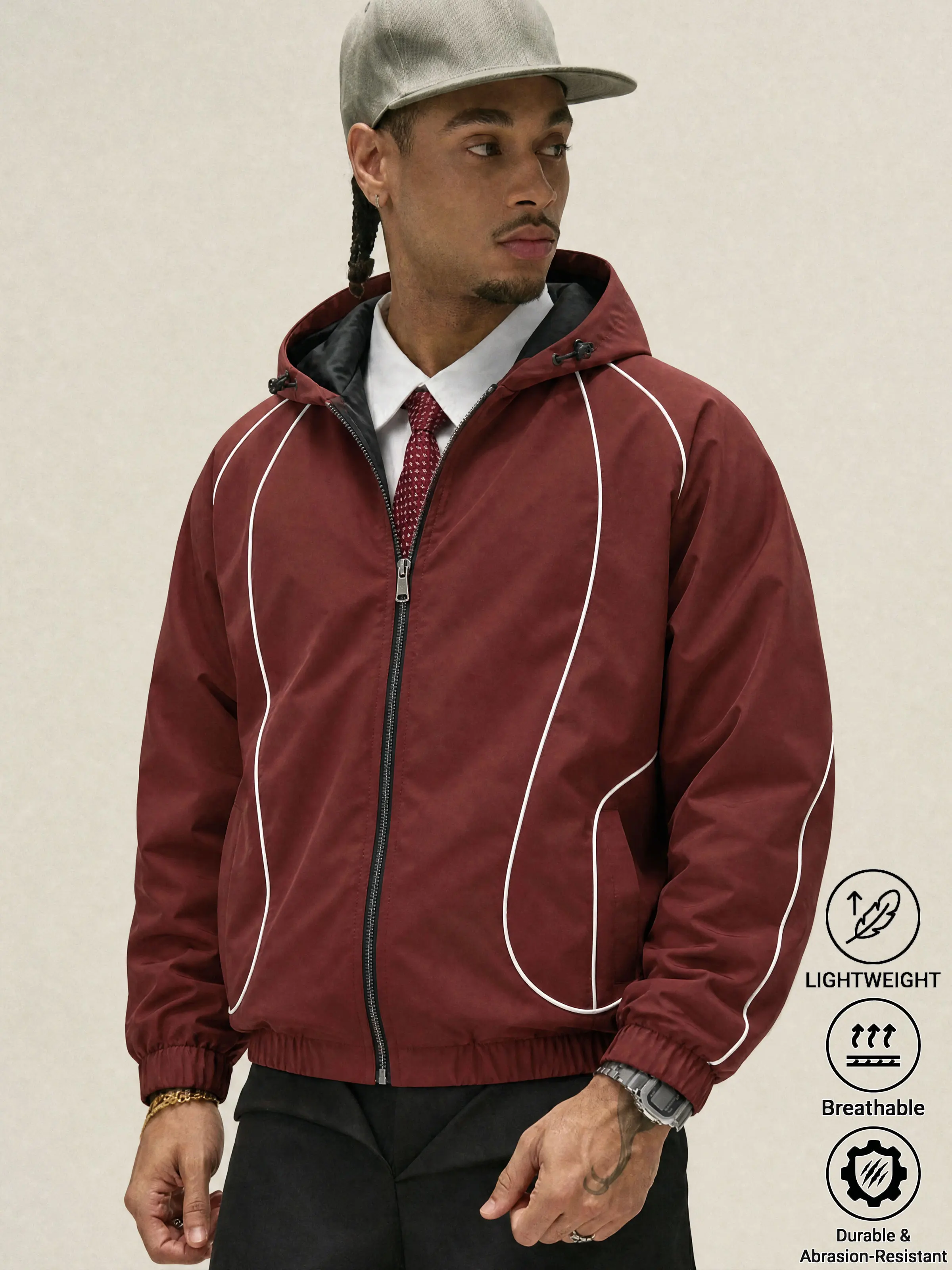 Herren-Streetwear-Jacke mit Kapuze, mehrfarbig, mit weißen Konturlinien, elastischen Bündchen und Saum, lockerer, winddichter Mantel, verstellbare Kapuze mit Kordelzug, lässige Sport-Oberbekleidung für den Herbst. – Detail 1