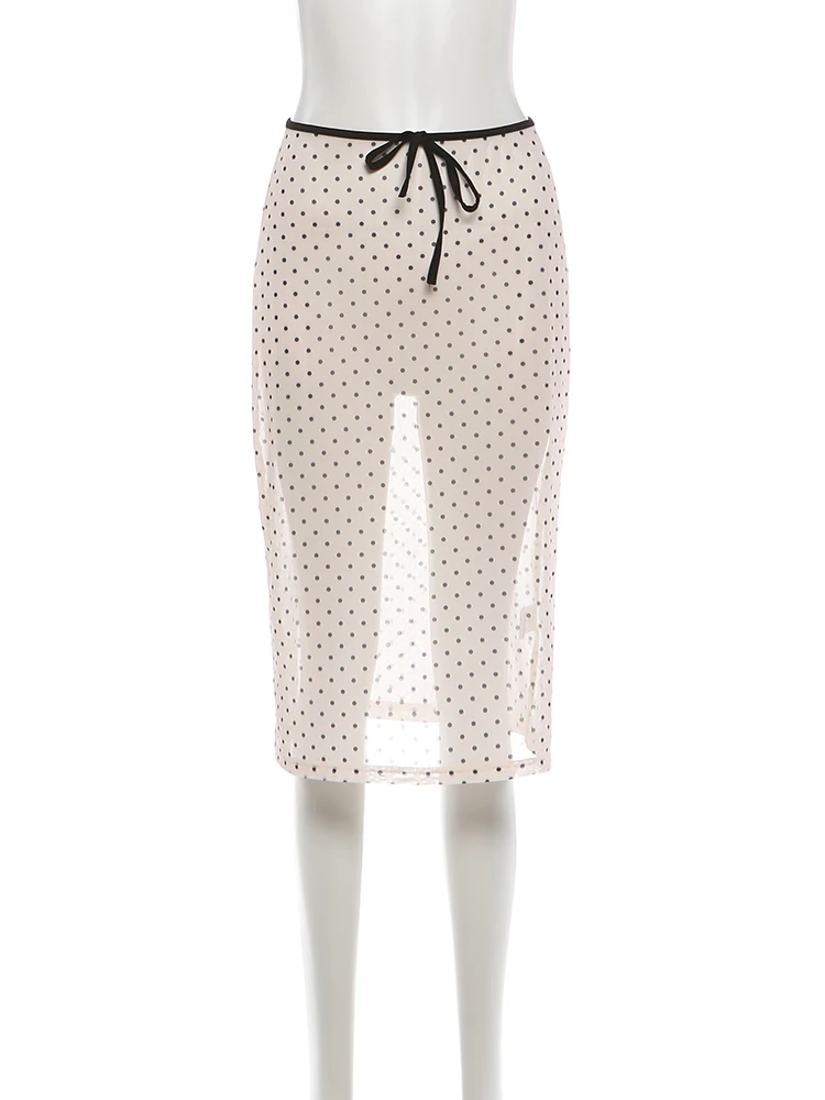 Kliou Lange Röcke mit Polka-Dot-Print für Damen, sexy, durchsichtiges Design, Kordelzug, elastische Taille, Hot Girls High Street Style Buttoms – Detail 3