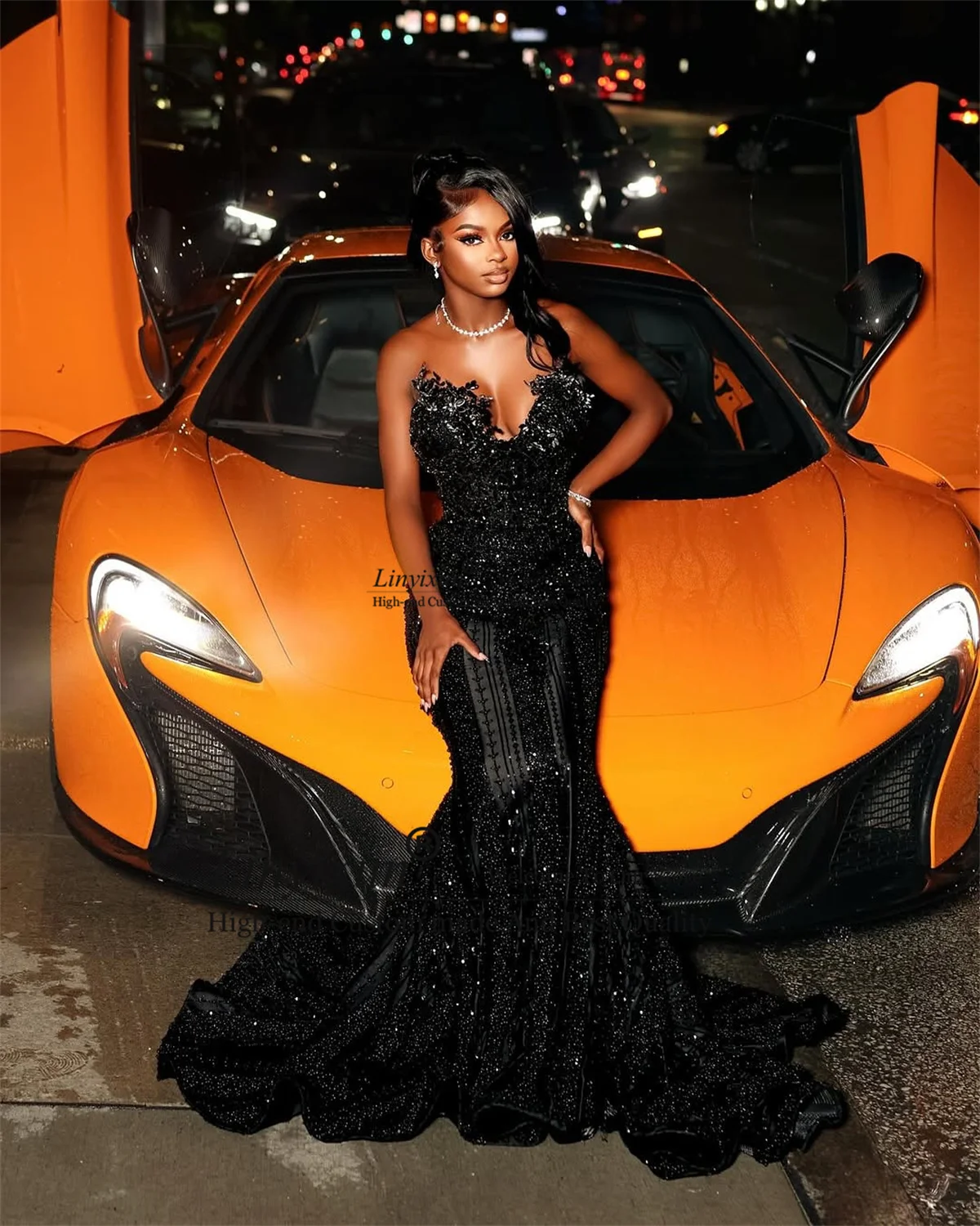 Glitter Sequin Mermaid Prom Dresses For Black Girls 3D Floars Crystal Evening Party Gown African Dubai Robes De Soire Customized
