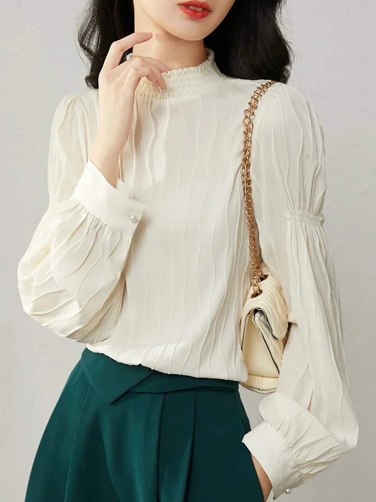 SENTUBILA Women Chiffon Shirts Half High Collar 2025 Spring Autumn Wave Striped Straight Elegant Office Lady Blouses 143V57989X